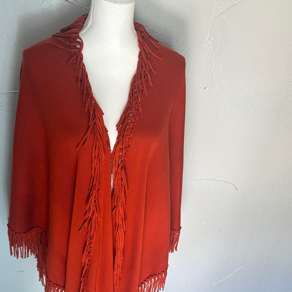 Boho Fringed Open-Front Shawl Wrap – Rust Orange - Picture 9 of 9